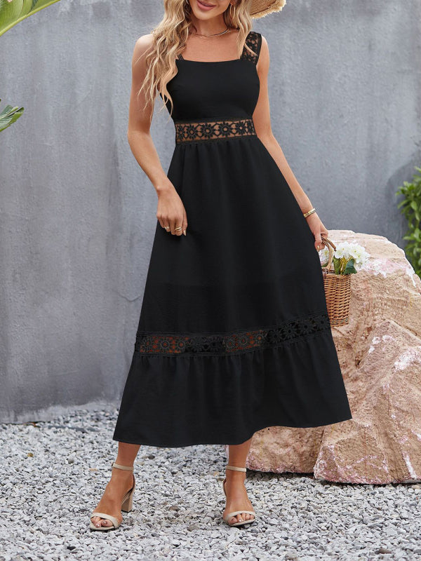 Dress- Summer Solid Lace Accents Ruffle Hem Cami Midi Dress- - Pekosa Women Clothing