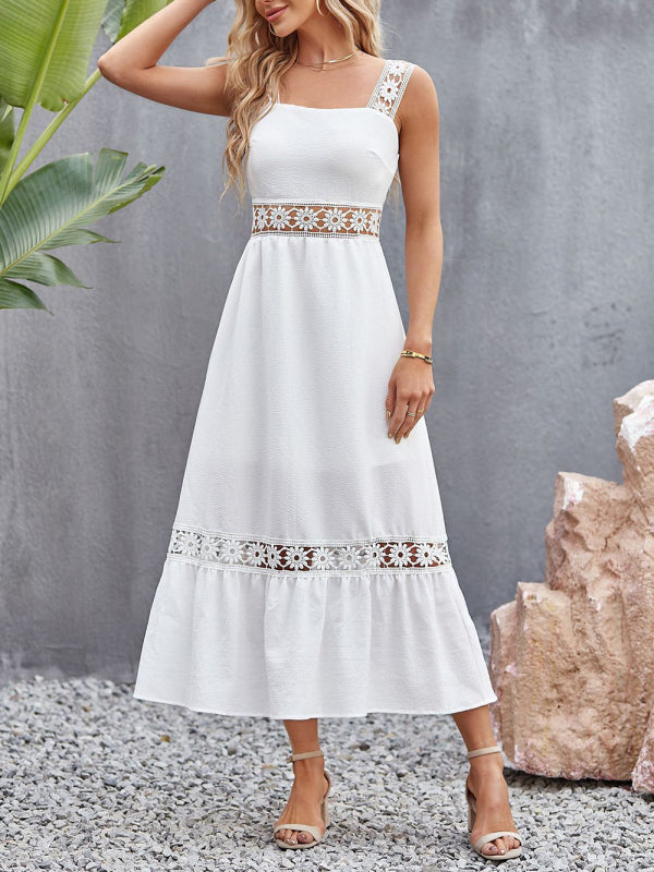 Dress- Summer Solid Lace Accents Ruffle Hem Cami Midi Dress- - Pekosa Women Clothing