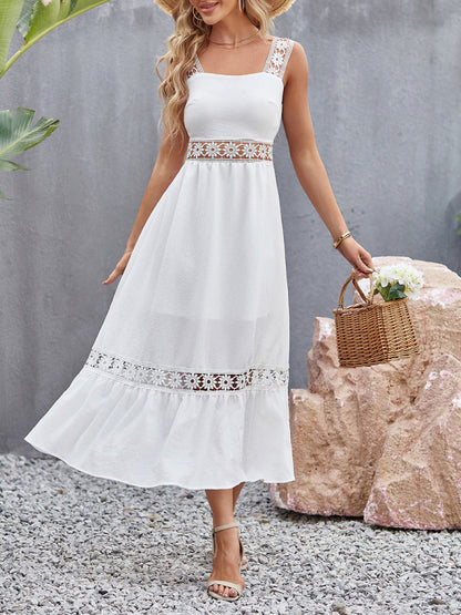 Dress- Summer Solid Lace Accents Ruffle Hem Cami Midi Dress- - Pekosa Women Clothing