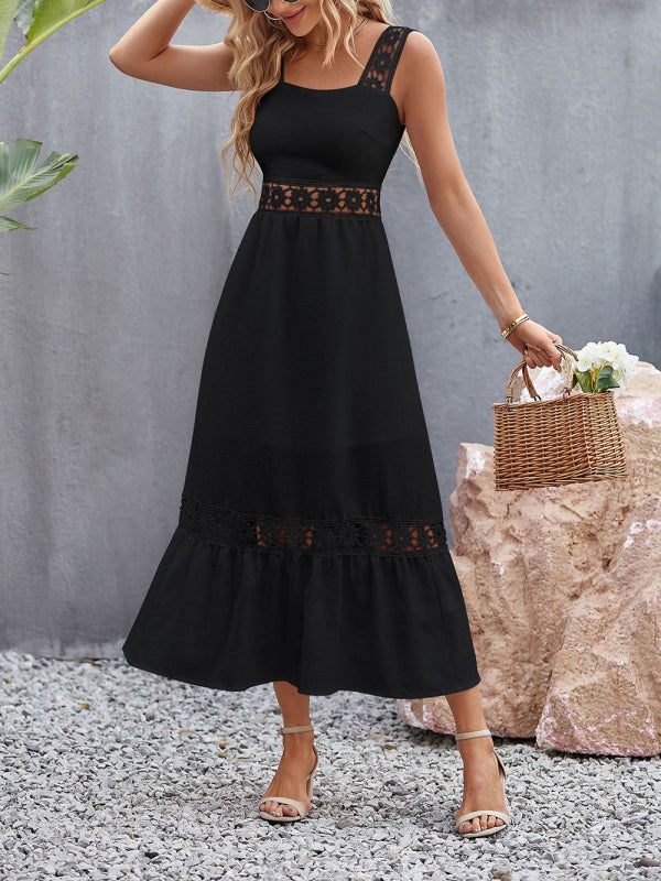 Dress- Summer Solid Lace Accents Ruffle Hem Cami Midi Dress- Black- Pekosa Women Clothing