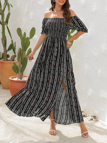 Dress- Summer Stripe Off-Shoulder Fit and flare Slit Maxi Dress- Black- Pekosa Women Clothing