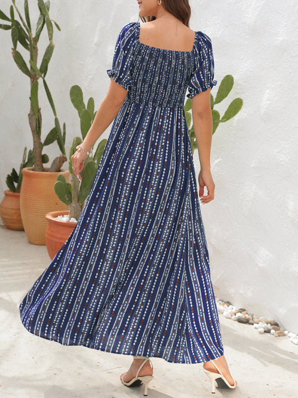 Dress- Summer Stripe Off-Shoulder Fit and flare Slit Maxi Dress- - Pekosa Women Clothing