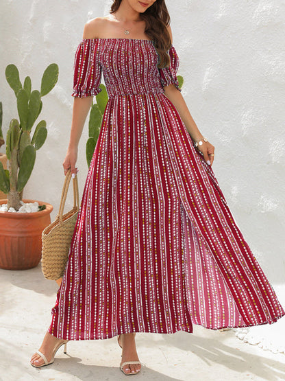 Dress- Summer Stripe Off-Shoulder Fit and flare Slit Maxi Dress- - Pekosa Women Clothing