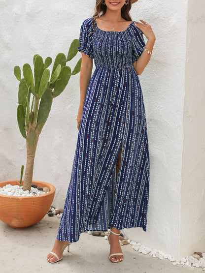 Dress- Summer Stripe Off-Shoulder Fit and flare Slit Maxi Dress- - Pekosa Women Clothing