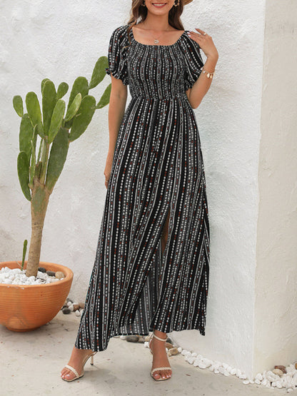 Dress- Summer Stripe Off-Shoulder Fit and flare Slit Maxi Dress- - Pekosa Women Clothing