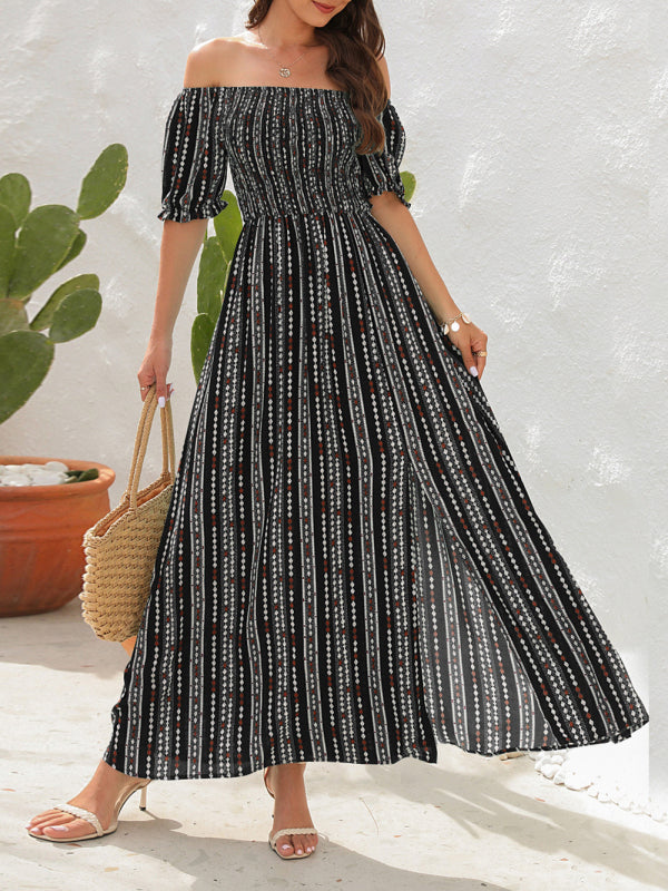 Dress- Summer Stripe Off-Shoulder Fit and flare Slit Maxi Dress- - Pekosa Women Clothing