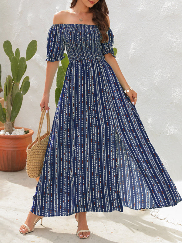 Dress- Summer Stripe Off-Shoulder Fit and flare Slit Maxi Dress- - Pekosa Women Clothing