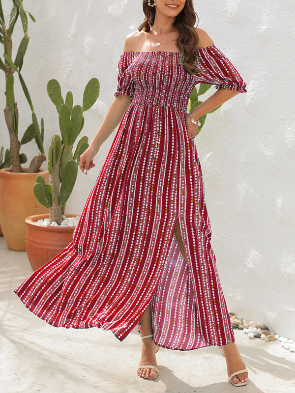 Dress- Summer Stripe Off-Shoulder Fit and flare Slit Maxi Dress- - Pekosa Women Clothing