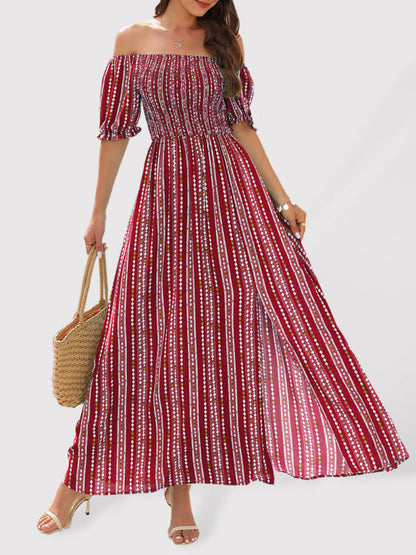 Dress- Summer Stripe Off-Shoulder Fit and flare Slit Maxi Dress- Red- Pekosa Women Clothing