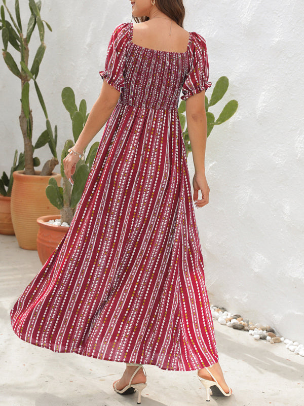 Dress- Summer Stripe Off-Shoulder Fit and flare Slit Maxi Dress- - Pekosa Women Clothing