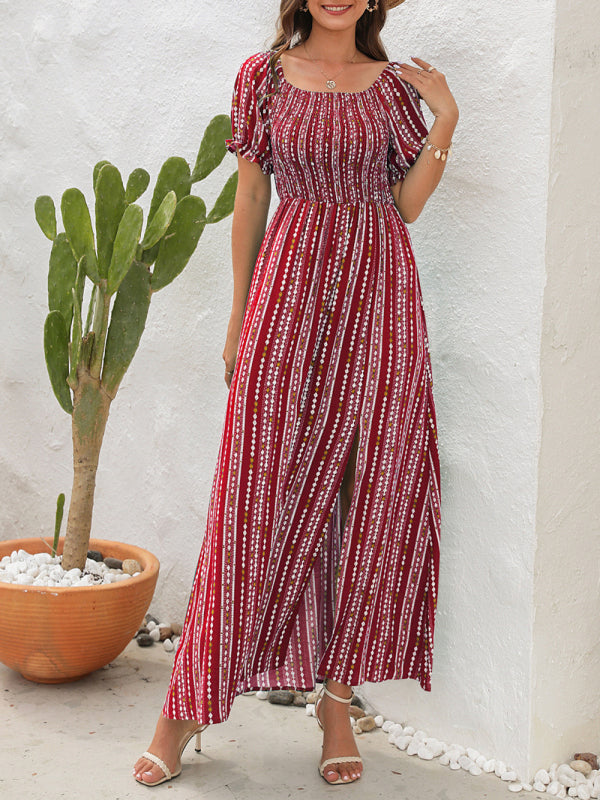 Dress- Summer Stripe Off-Shoulder Fit and flare Slit Maxi Dress- - Pekosa Women Clothing