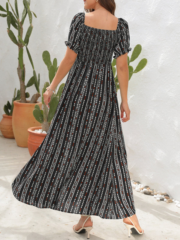 Dress- Summer Stripe Off-Shoulder Fit and flare Slit Maxi Dress- - Pekosa Women Clothing