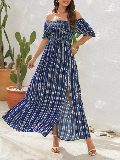 Dress- Summer Stripe Off-Shoulder Fit and flare Slit Maxi Dress- Blue- Pekosa Women Clothing