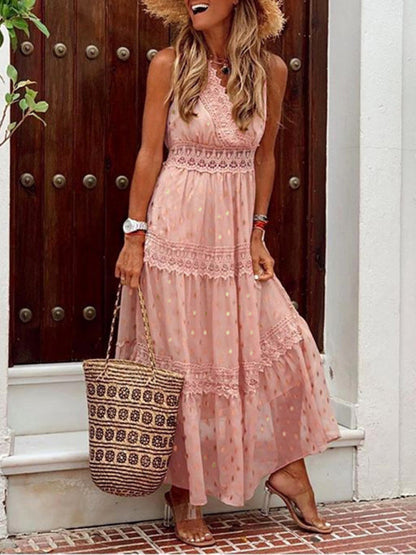 Dress- Summer Tiered Surplice Lace V-Neck Vacation Maxi Dress- - Pekosa Women Clothing