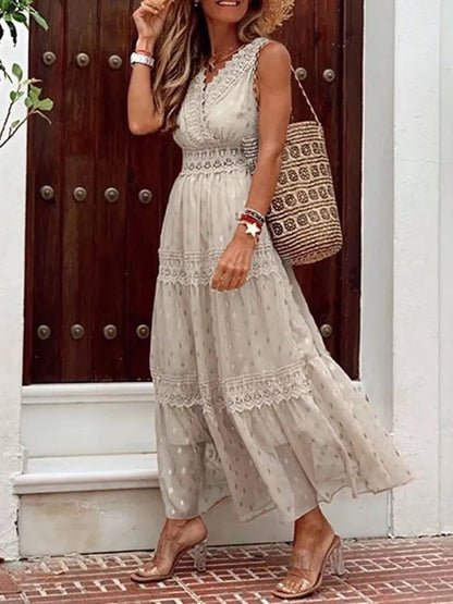 Dress- Summer Tiered Surplice Lace V-Neck Vacation Maxi Dress- Beige- Pekosa Women Clothing