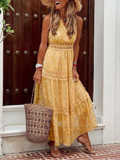 Dress- Summer Tiered Surplice Lace V-Neck Vacation Maxi Dress- Yellow- Pekosa Women Clothing