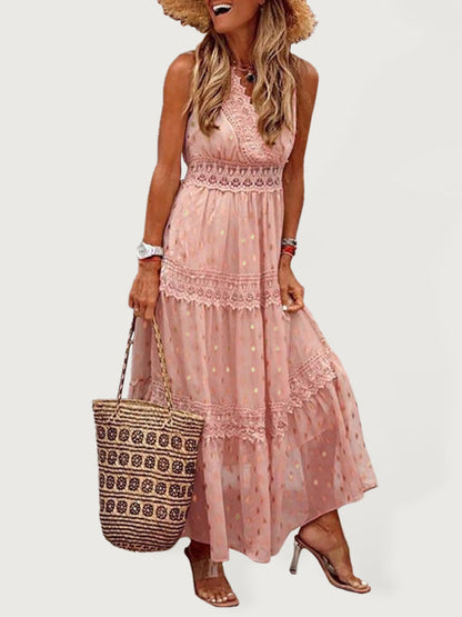 Dress- Summer Tiered Surplice Lace V-Neck Vacation Maxi Dress- Pink- Pekosa Women Clothing