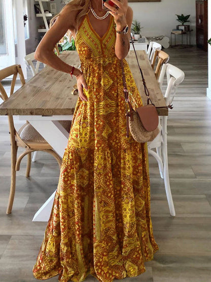 Dress- Summer Vacation Boho Tiered Cami Maxi Dress- Yellow- Pekosa Women Clothing