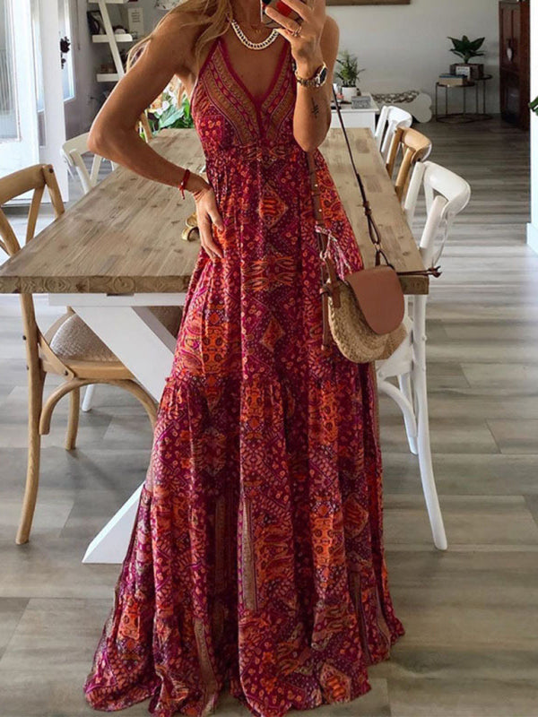 Dress- Summer Vacation Boho Tiered Cami Maxi Dress- Red- Pekosa Women Clothing