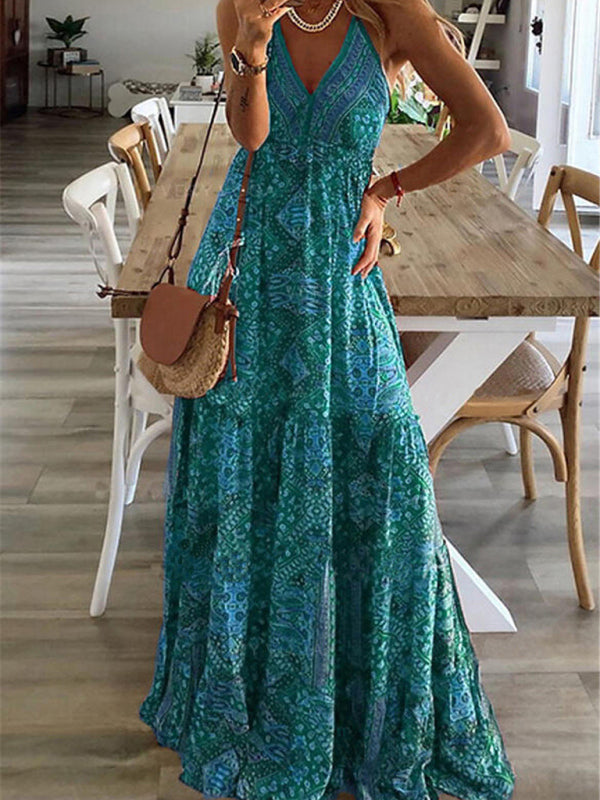 Dress- Summer Vacation Boho Tiered Cami Maxi Dress- - Pekosa Women Clothing