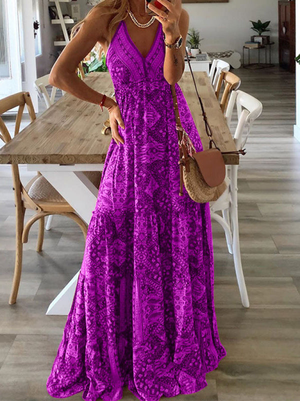 Dress- Summer Vacation Boho Tiered Cami Maxi Dress- Dark purple- Pekosa Women Clothing