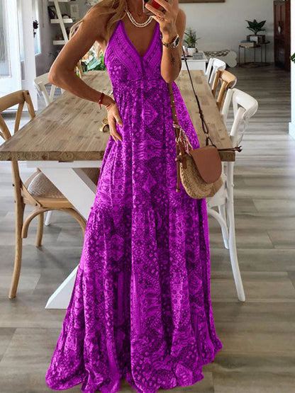 Dress- Summer Vacation Boho Tiered Cami Maxi Dress- Dark purple- Pekosa Women Clothing