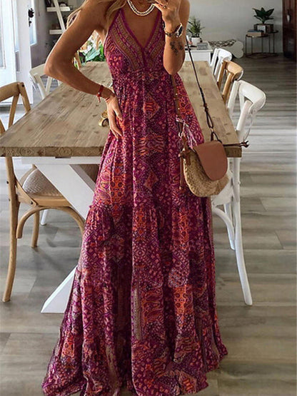 Dress- Summer Vacation Boho Tiered Cami Maxi Dress- Purple- Pekosa Women Clothing