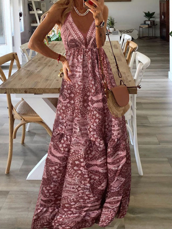 Dress- Summer Vacation Boho Tiered Cami Maxi Dress- Pink- Pekosa Women Clothing