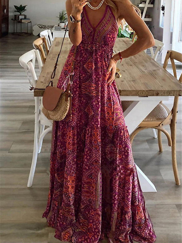 Dress- Summer Vacation Boho Tiered Cami Maxi Dress- - Pekosa Women Clothing