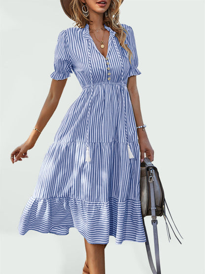 Dress- Summer with Our Chic and Stylish Tiered Midi Dress!- Blue- Pekosa Women Clothing