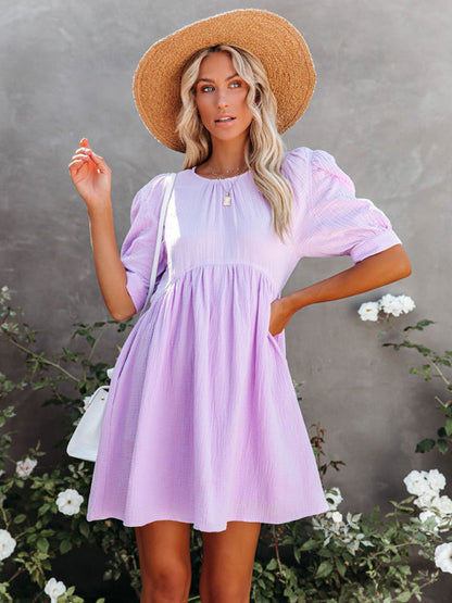 Dress- Textured Cotton Puff Sleeve Buttoned Back Flowy Dress with Pockets- Lavender- Pekosa Women Clothing