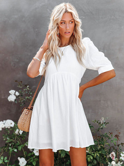 Dress- Textured Cotton Puff Sleeve Buttoned Back Flowy Dress with Pockets- White- Pekosa Women Clothing