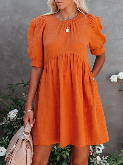 Dress- Textured Cotton Puff Sleeve Buttoned Back Flowy Dress with Pockets- Orange- Pekosa Women Clothing