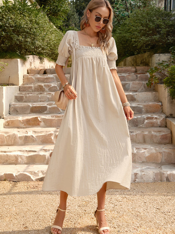 Dress- Textured Cotton Puff Sleeve Smocked Flowy Maxi Dress- - Pekosa Women Clothing