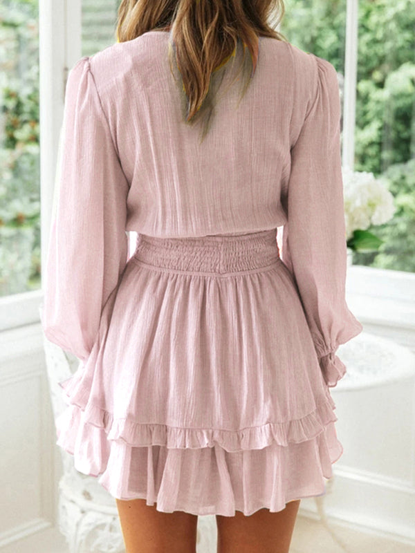 Dress- Textured Smocked Waist Long Sleeve Ruffle Mini Dress- - Pekosa Women Clothing