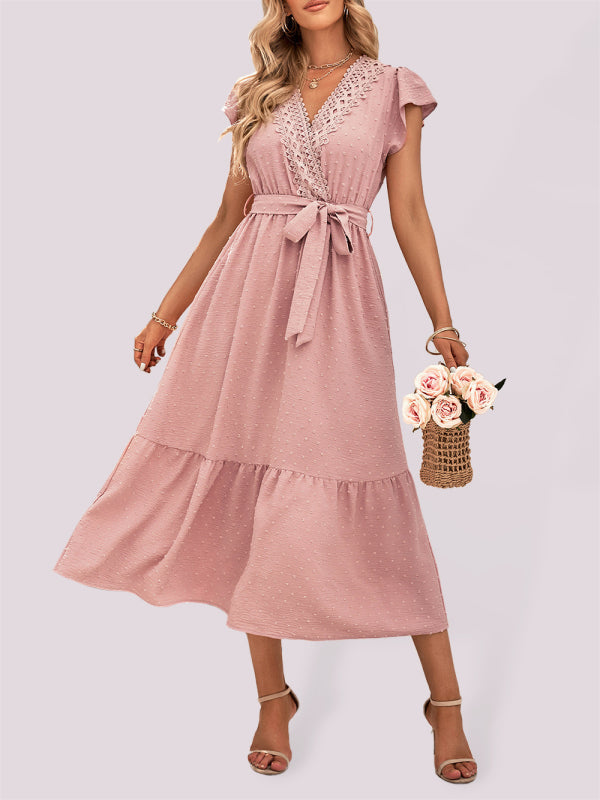 Dress- Textured Swiss Dot Surplice V-Neck Tiered Tie-Waist Midi Dress- Pink- Pekosa Women Clothing