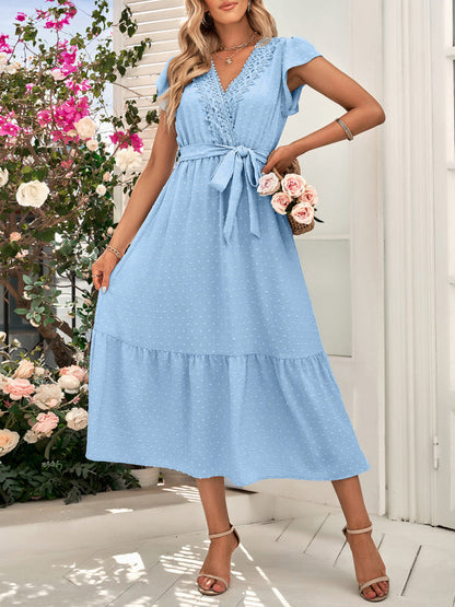 Dress- Textured Swiss Dot Surplice V-Neck Tiered Tie-Waist Midi Dress- Blue- Pekosa Women Clothing