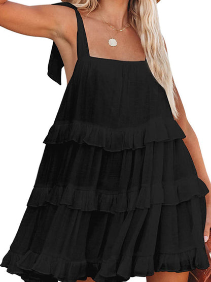 Dress- Textured Tiered Flowy Tie-Shoulder Vacation Cami Dress- - Pekosa Women Clothing