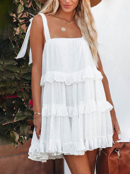 Dress- Textured Tiered Flowy Tie-Shoulder Vacation Cami Dress- White- Pekosa Women Clothing