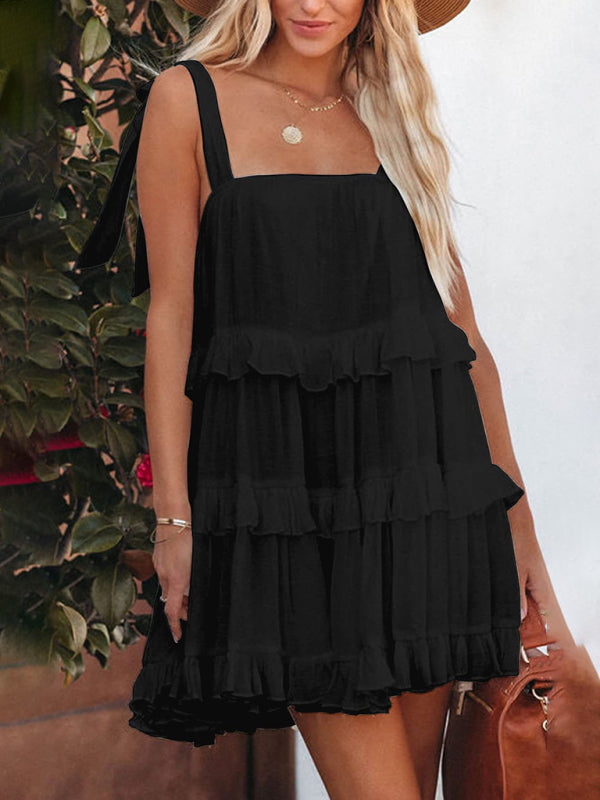 Dress- Textured Tiered Flowy Tie-Shoulder Vacation Cami Dress- Black- Pekosa Women Clothing