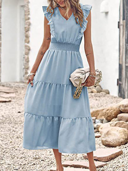 Dress- Tiered Flare V Neck Maxi Dress!- Blue- Pekosa Women Clothing