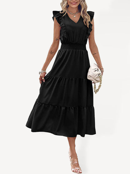 Dress- Tiered Flare V Neck Maxi Dress!- Black- Pekosa Women Clothing