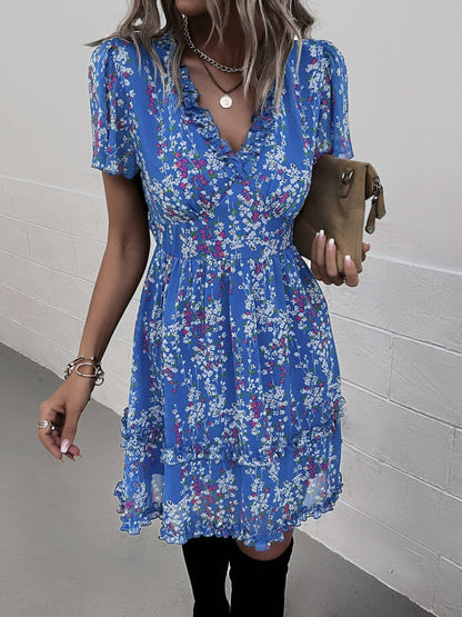 Dress- Tiered Ruffle Floral Mini Dress- Blue- Pekosa Women Clothing