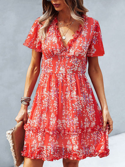 Dress- Tiered Ruffle Floral Mini Dress- Red- Pekosa Women Clothing