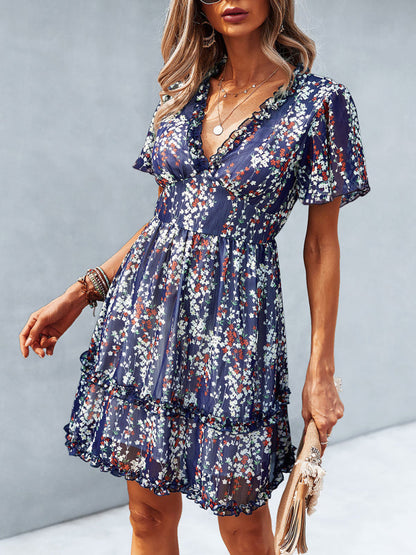 Dress- Tiered Ruffle Floral Mini Dress- - Pekosa Women Clothing