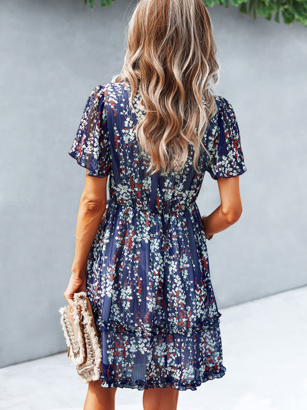 Dress- Tiered Ruffle Floral Mini Dress- - Pekosa Women Clothing