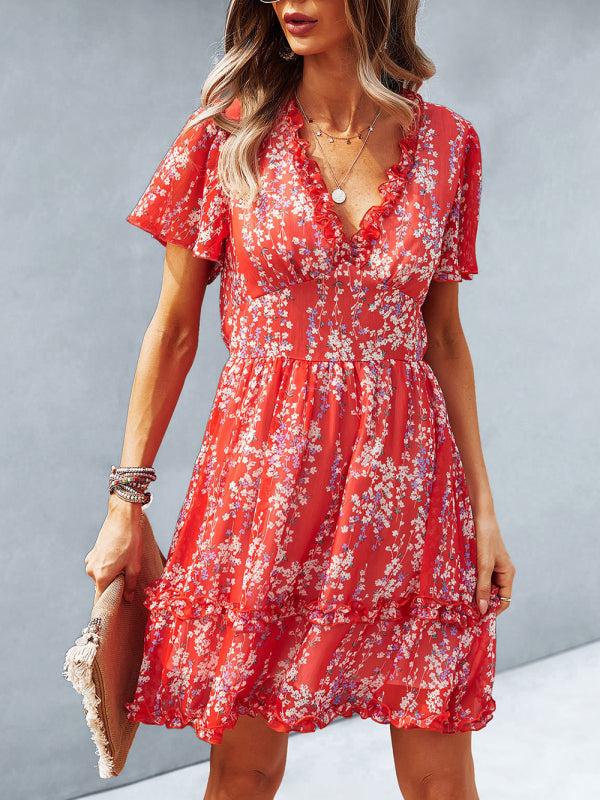 Dress- Tiered Ruffle Floral Mini Dress- - Pekosa Women Clothing