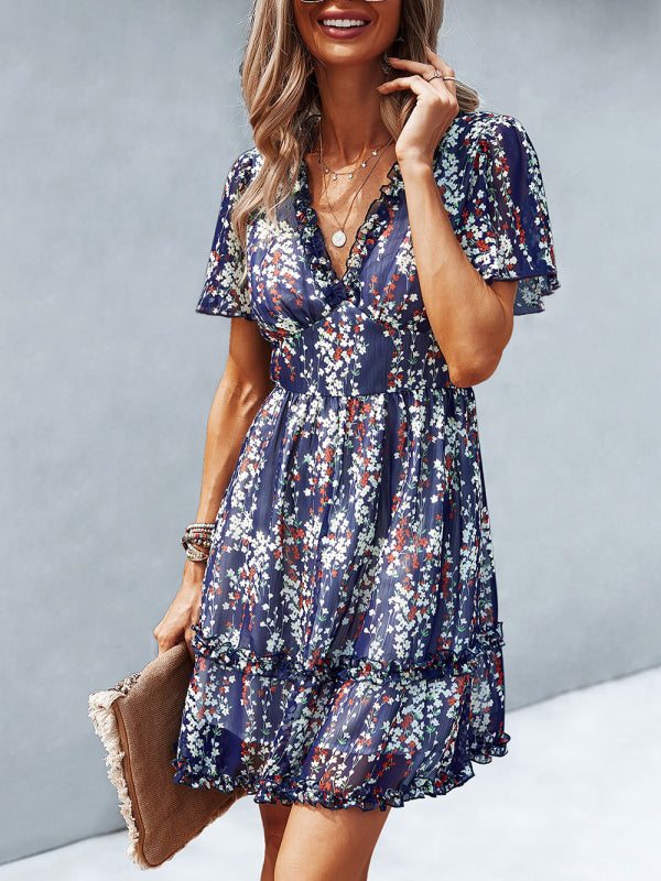 Dress- Tiered Ruffle Floral Mini Dress- - Pekosa Women Clothing