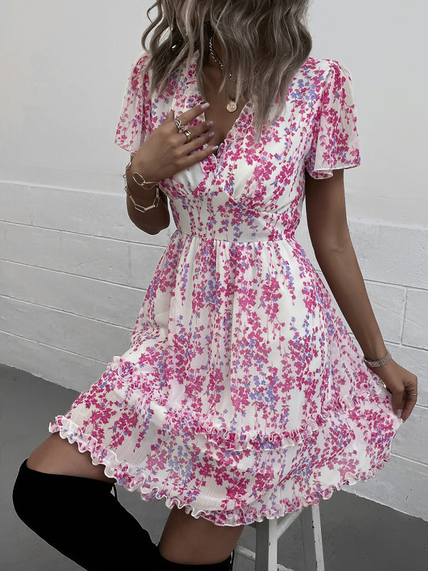 Dress- Tiered Ruffle Floral Mini Dress- - Pekosa Women Clothing