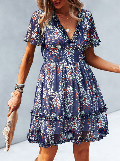 Dress- Tiered Ruffle Floral Mini Dress- Navy Blue- Pekosa Women Clothing